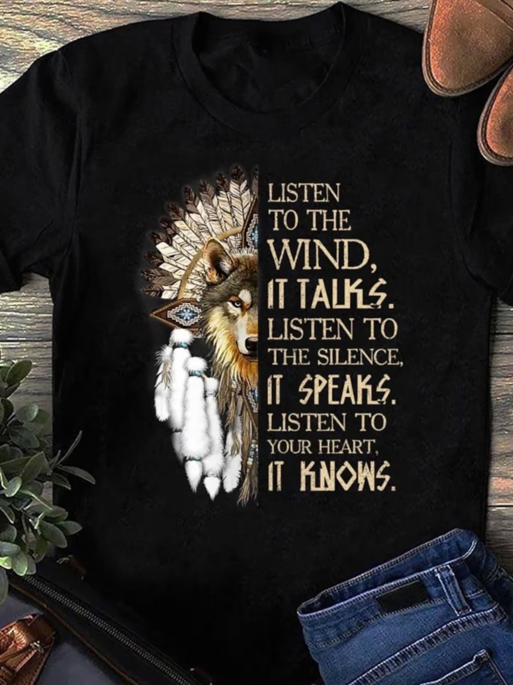 Black Wolf & Feather Graphic Tee with Inspirational Text